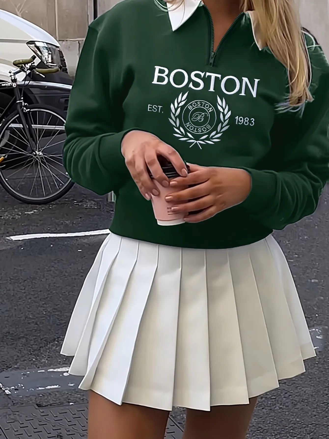 Boston Print Zip Sweatshirt, Casual Long Sleeve Polo Collar Sweatshirt, Women's Clothing