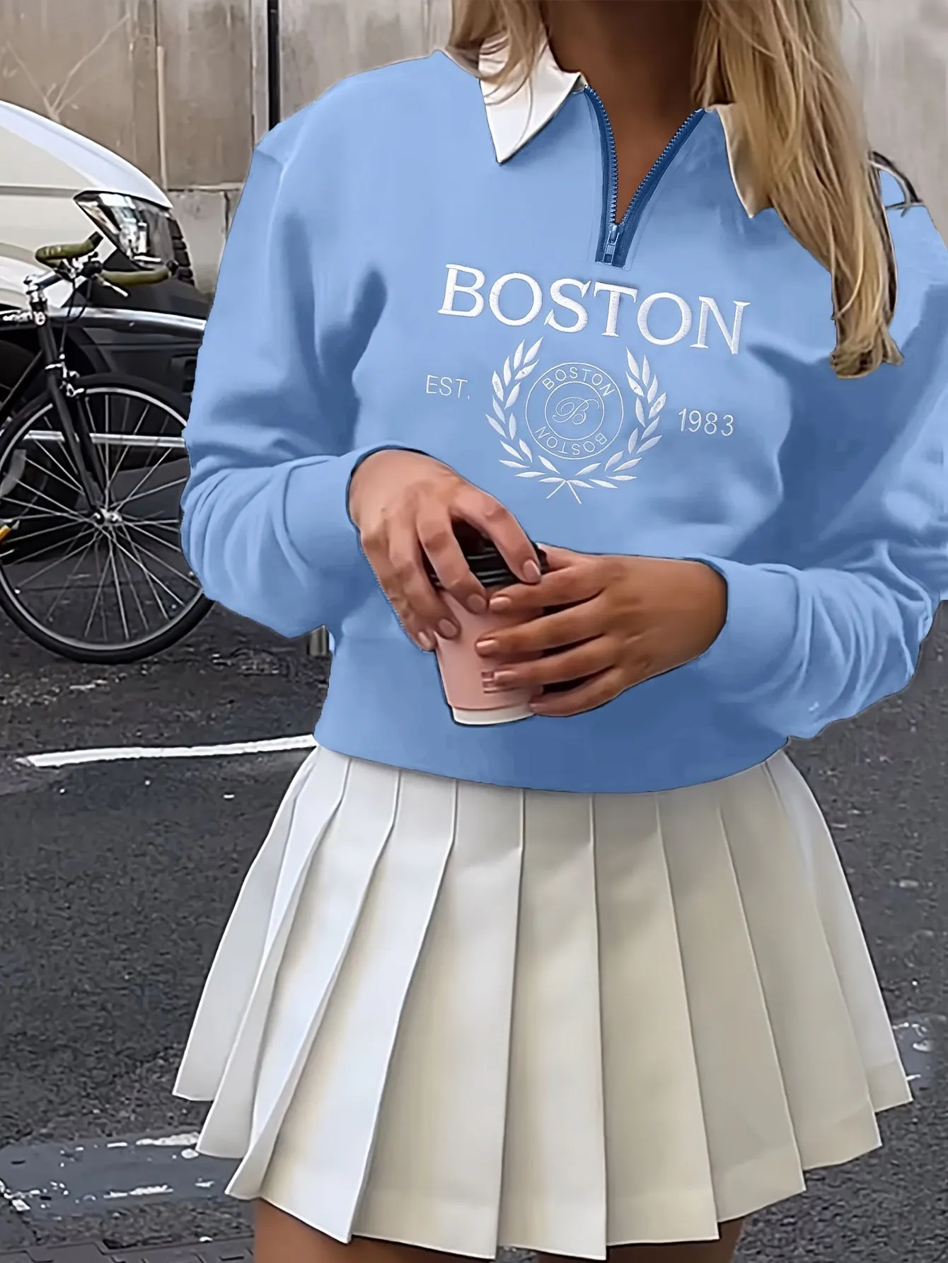 Boston Print Zip Sweatshirt, Casual Long Sleeve Polo Collar Sweatshirt, Women's Clothing