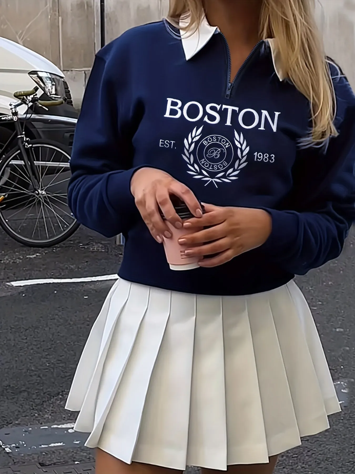 Boston Print Zip Sweatshirt, Casual Long Sleeve Polo Collar Sweatshirt, Women's Clothing