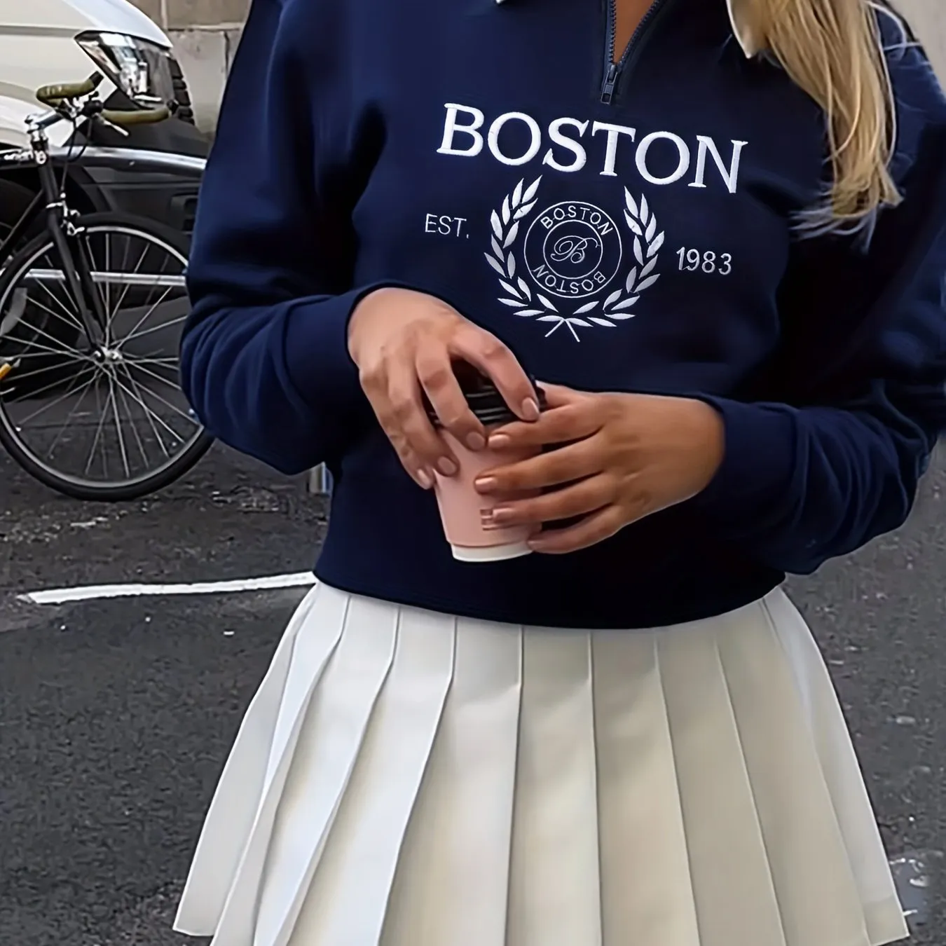 Boston Print Zip Sweatshirt, Casual Long Sleeve Polo Collar Sweatshirt, Women's Clothing