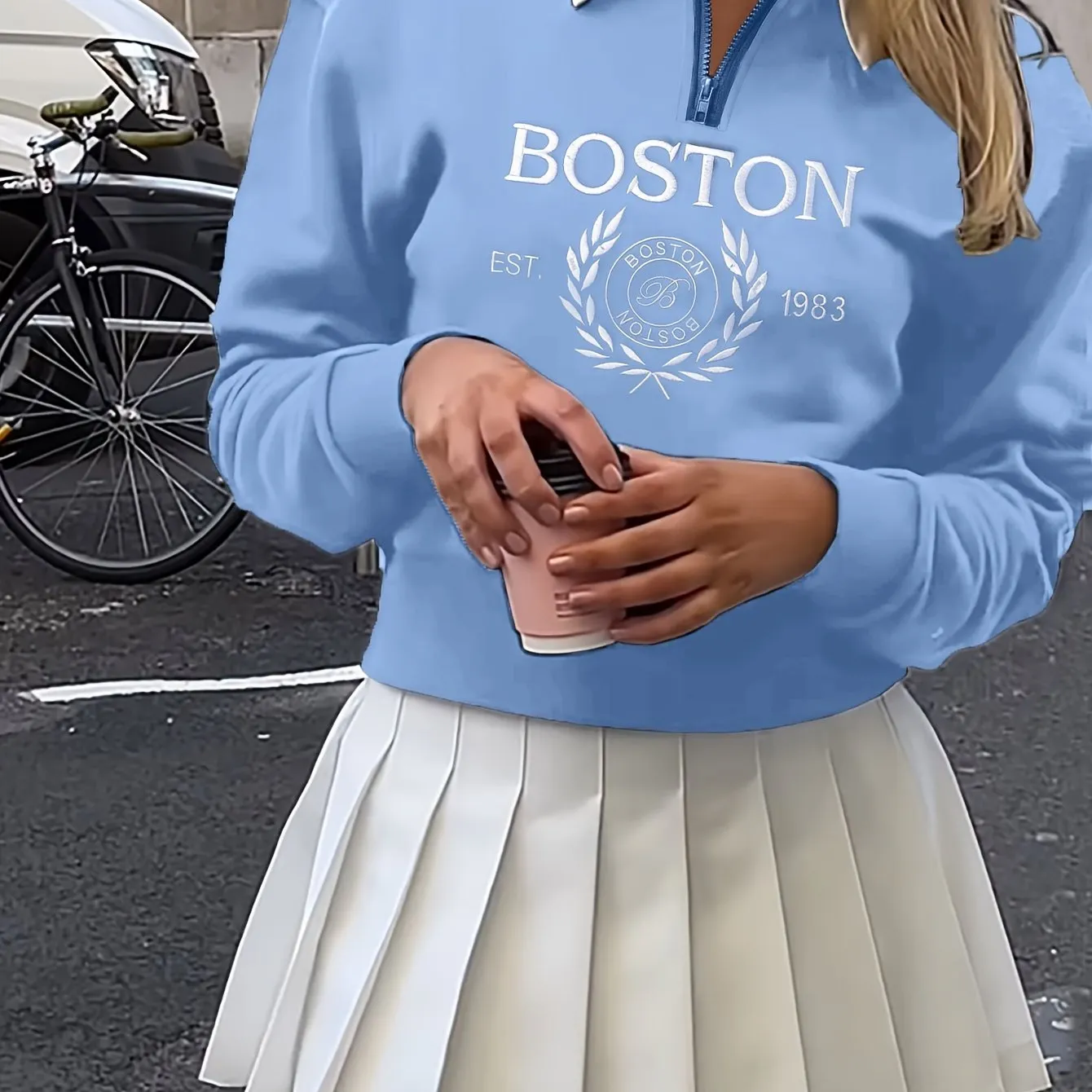 Boston Print Zip Sweatshirt, Casual Long Sleeve Polo Collar Sweatshirt, Women's Clothing