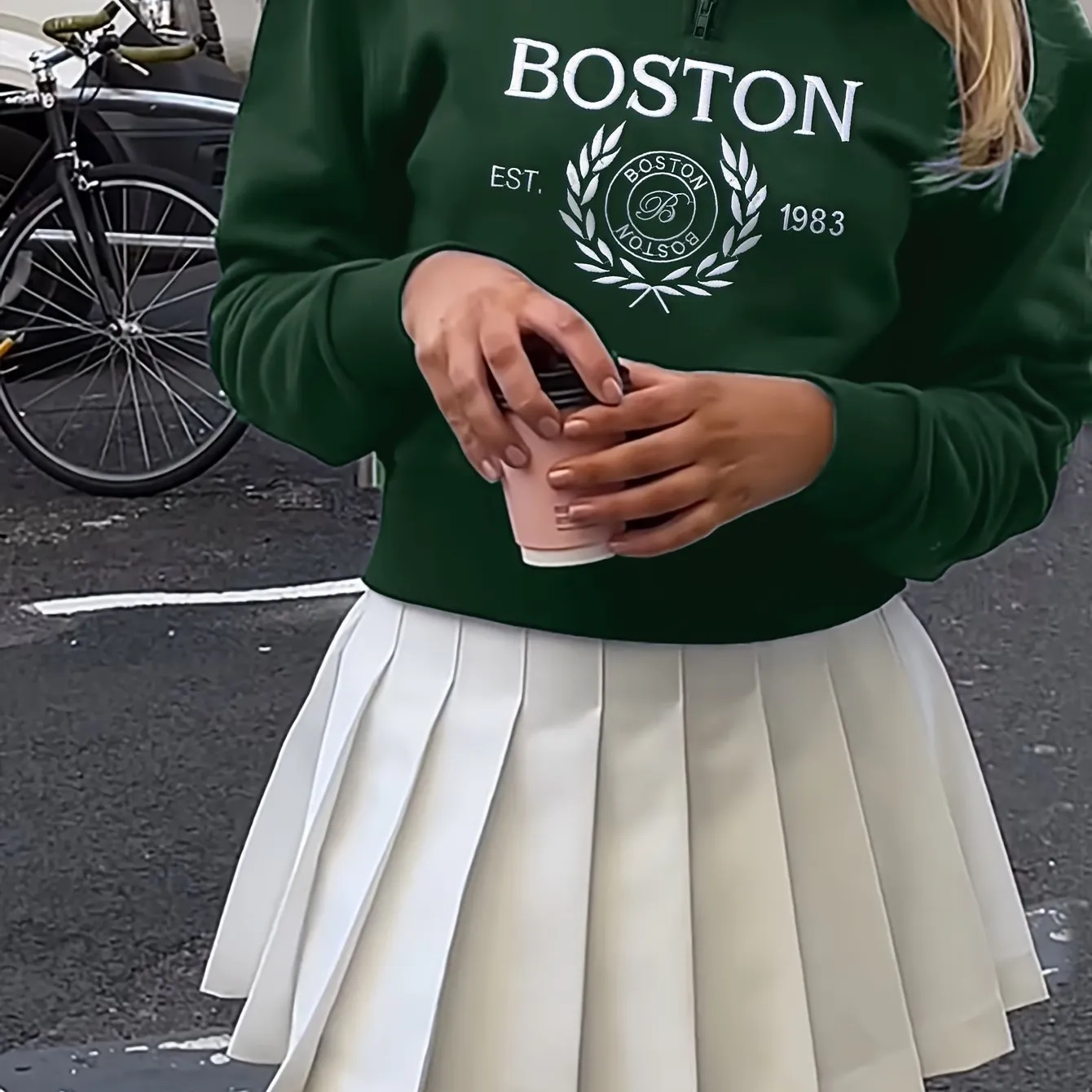 Boston Print Zip Sweatshirt, Casual Long Sleeve Polo Collar Sweatshirt, Women's Clothing