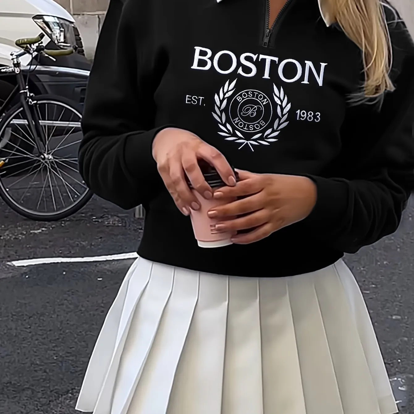 Boston Print Zip Sweatshirt, Casual Long Sleeve Polo Collar Sweatshirt, Women's Clothing