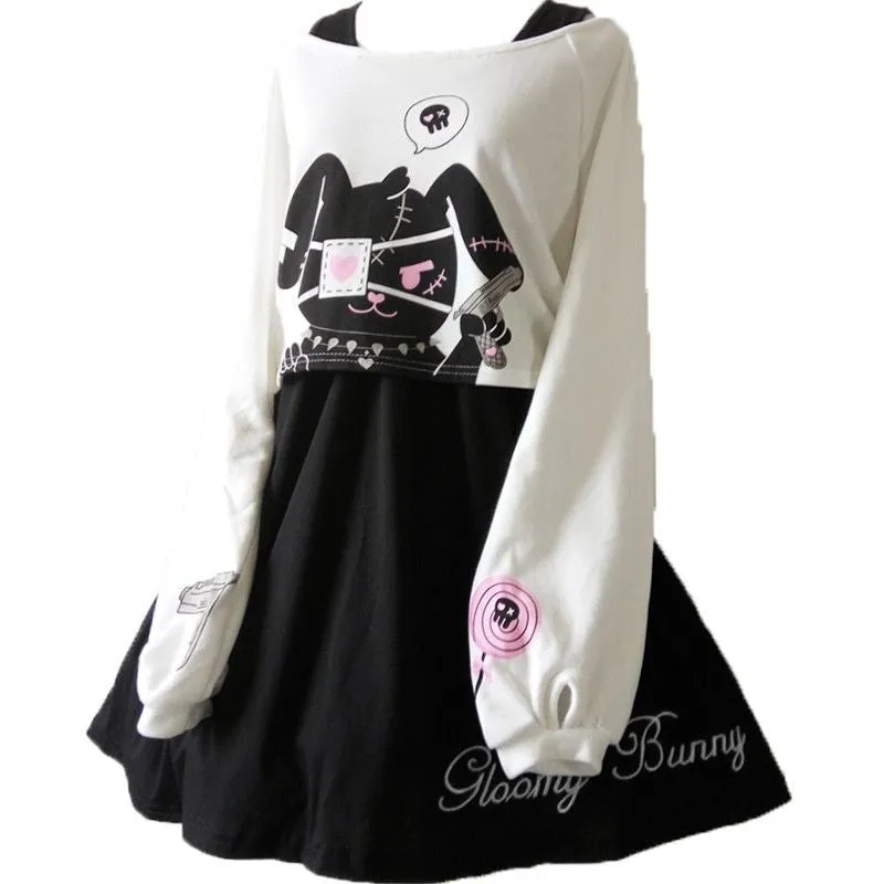 Comic Cartoon Bunny Two Piece Set - Cute and Cozy Mini Dress and Sweatshirt Duo! 🐰👗