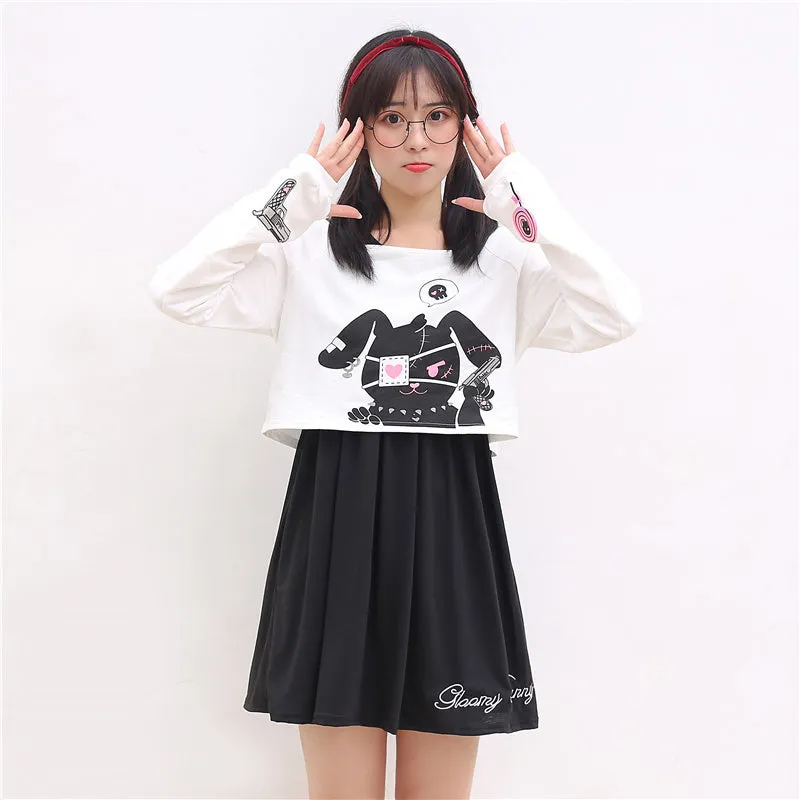 Comic Cartoon Bunny Two Piece Set - Cute and Cozy Mini Dress and Sweatshirt Duo! 🐰👗