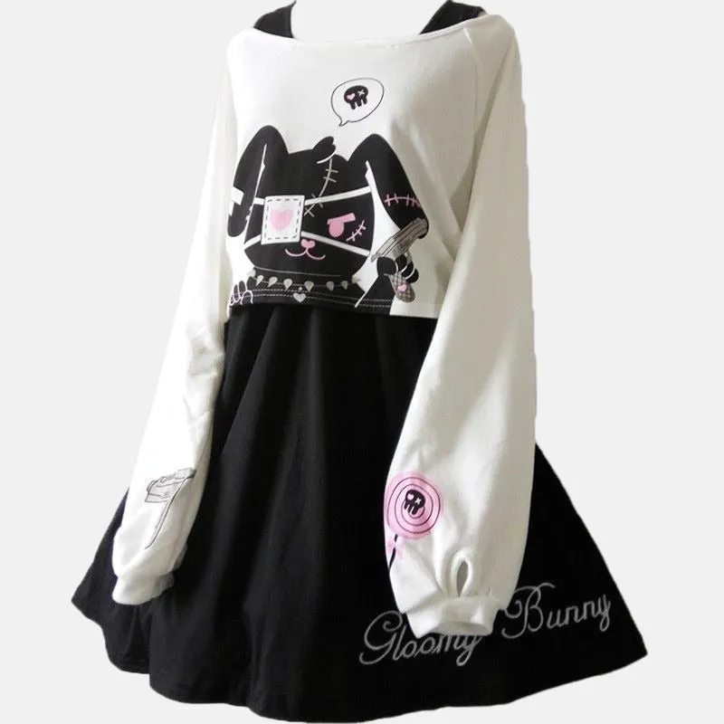 Comic Cartoon Bunny Two Piece Set - Cute and Cozy Mini Dress and Sweatshirt Duo! 🐰👗