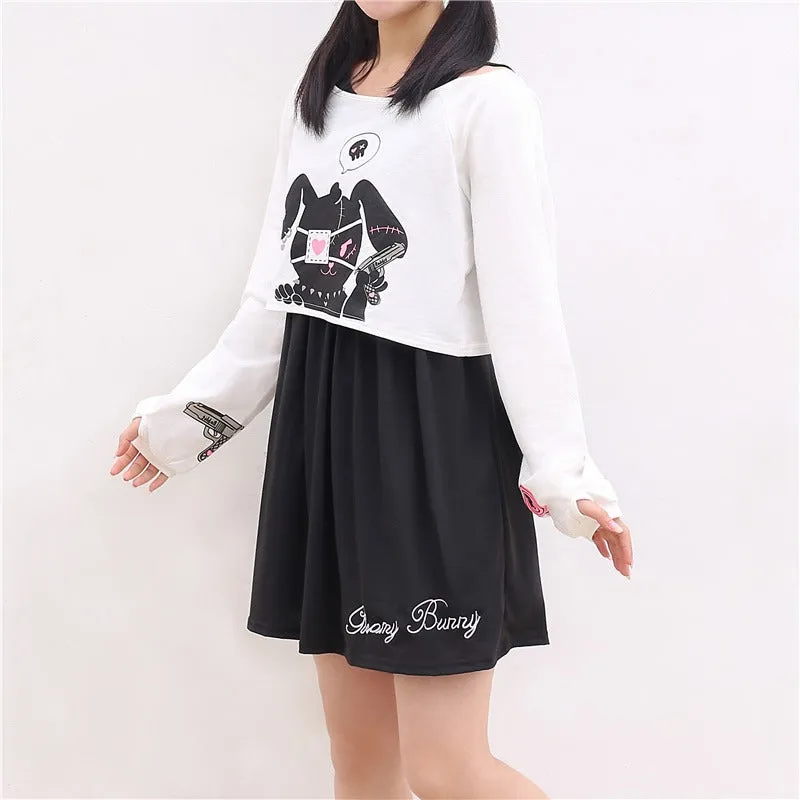 Comic Cartoon Bunny Two Piece Set - Cute and Cozy Mini Dress and Sweatshirt Duo! 🐰👗