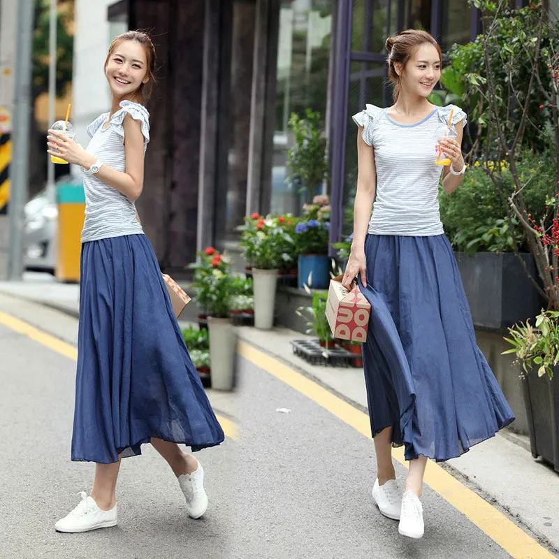 Cultural Style Mid-Length Pleated Cotton Skirt Women Niche Beach A-Line Flare Skirt