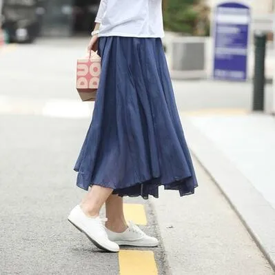 Cultural Style Mid-Length Pleated Cotton Skirt Women Niche Beach A-Line Flare Skirt