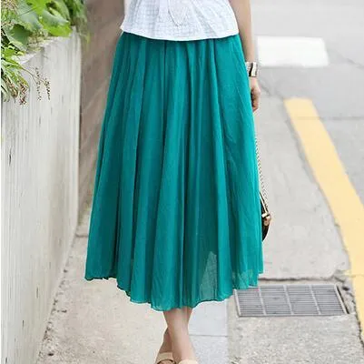 Cultural Style Mid-Length Pleated Cotton Skirt Women Niche Beach A-Line Flare Skirt