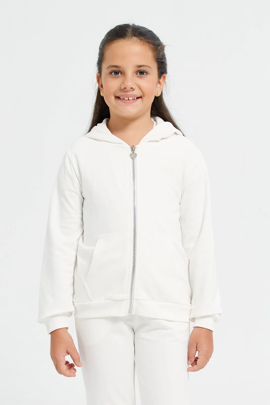 Girls White Zip Thru Hooded Sweatshirt