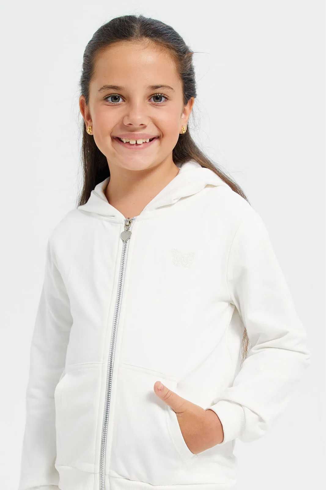 Girls White Zip Thru Hooded Sweatshirt
