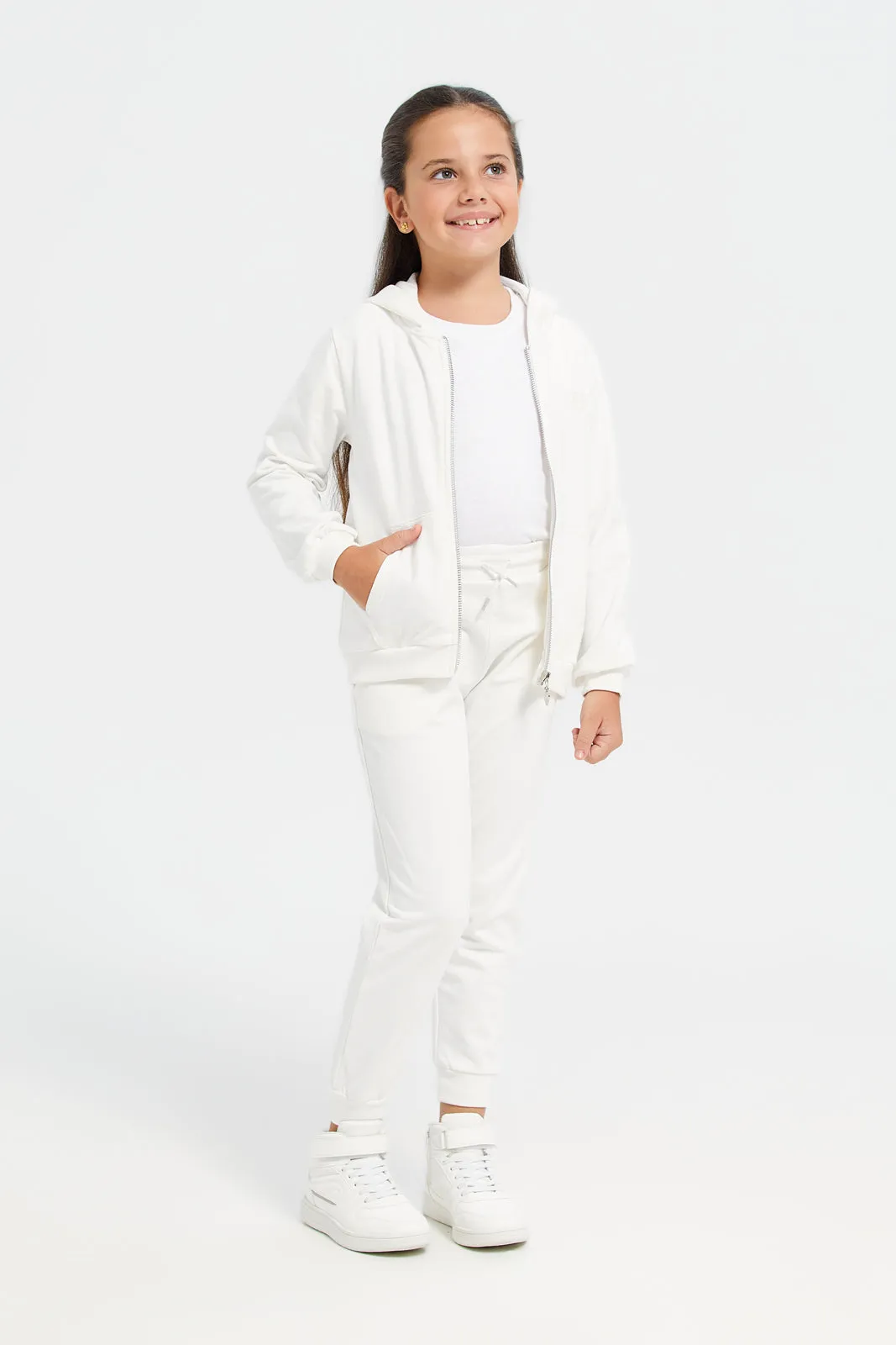 Girls White Zip Thru Hooded Sweatshirt