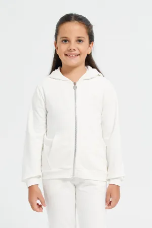 Girls White Zip Thru Hooded Sweatshirt
