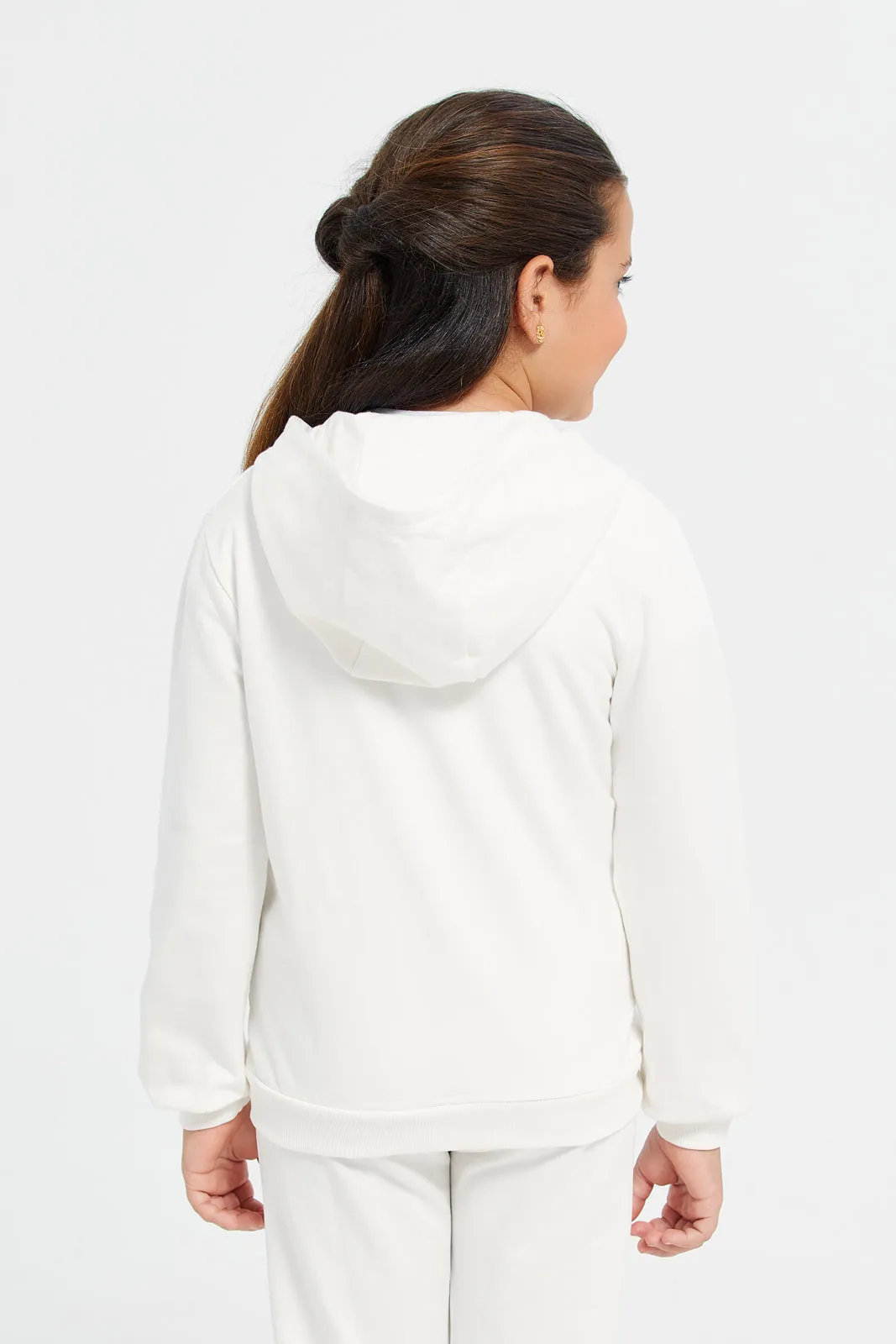 Girls White Zip Thru Hooded Sweatshirt