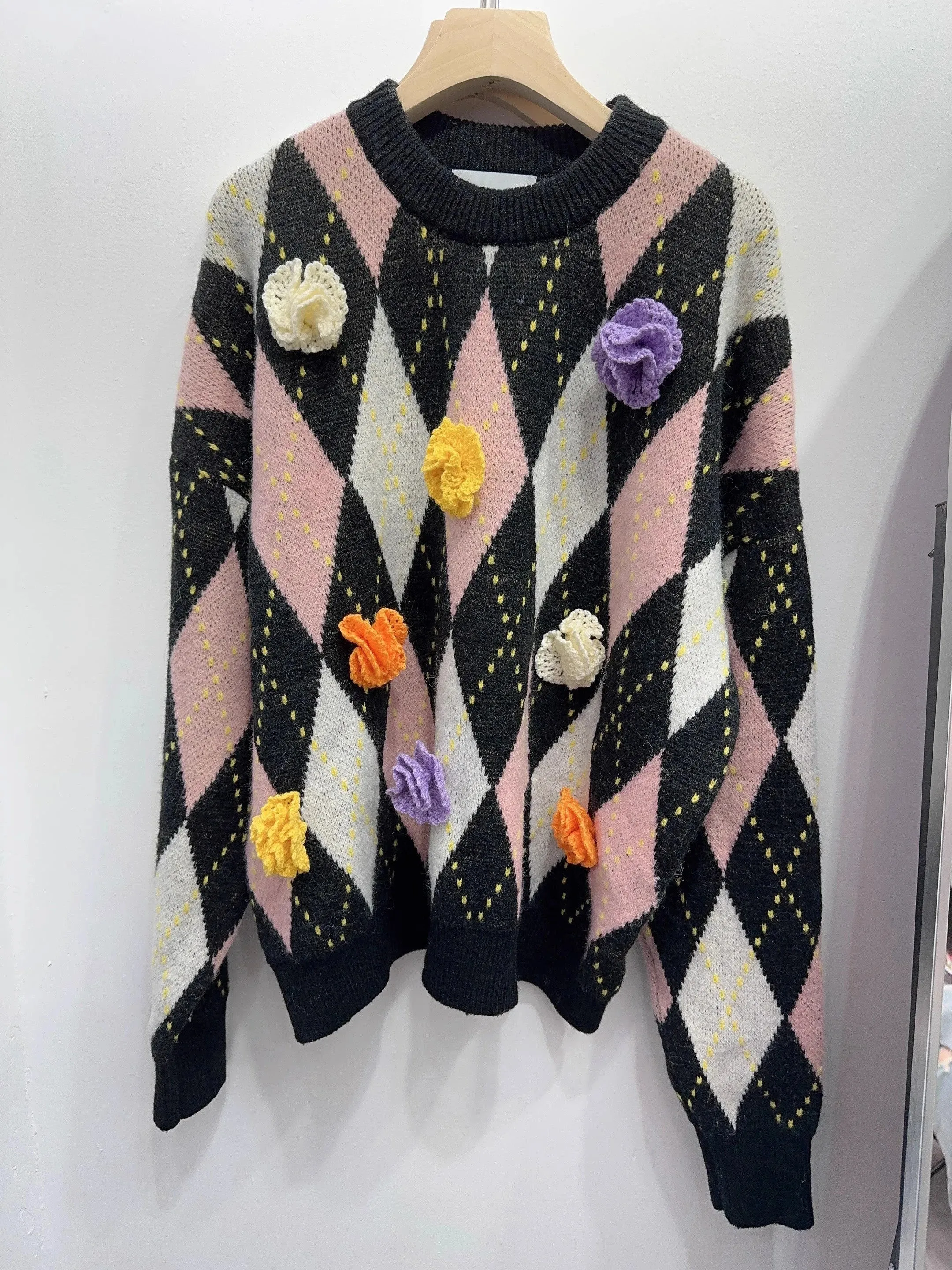 Luxury Brand Designer Jacquard Round Neck Pullover Winter Thickening Loose Retro Fashion Casual College Style Sweater C-252