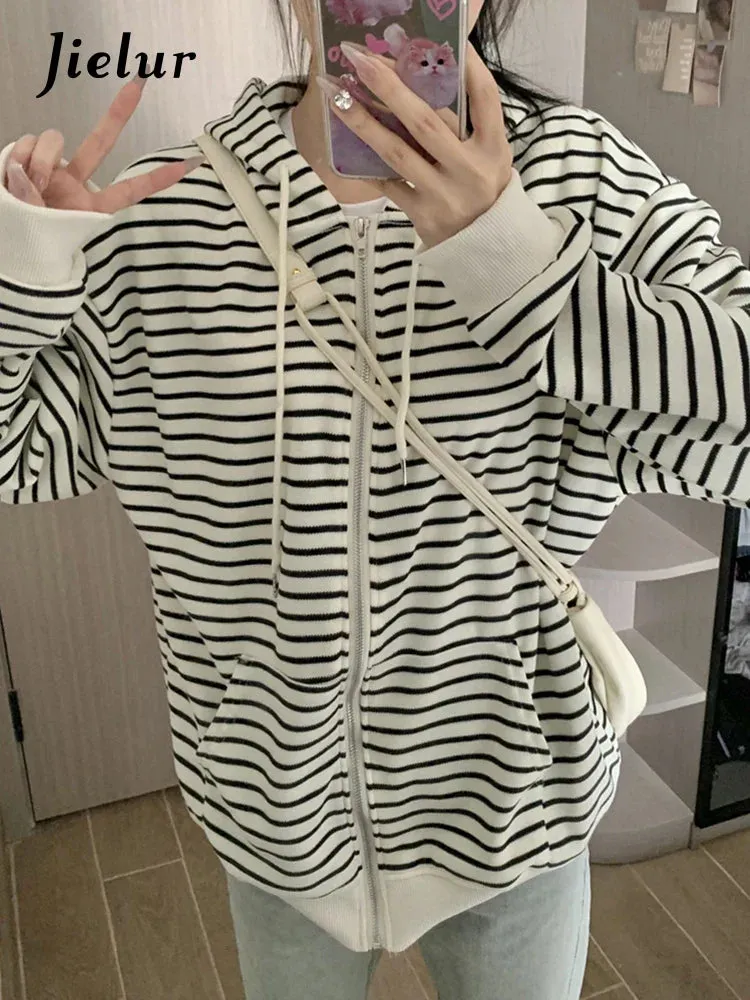 Metaversmall American Striped Spell Color Female Sweatshirts Chic Loose Streetwear Casual Zip-up Fashion O-neck Basic Women's Hoodies