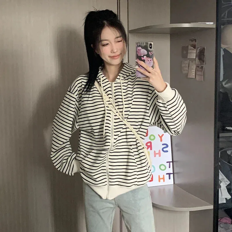 Metaversmall American Striped Spell Color Female Sweatshirts Chic Loose Streetwear Casual Zip-up Fashion O-neck Basic Women's Hoodies