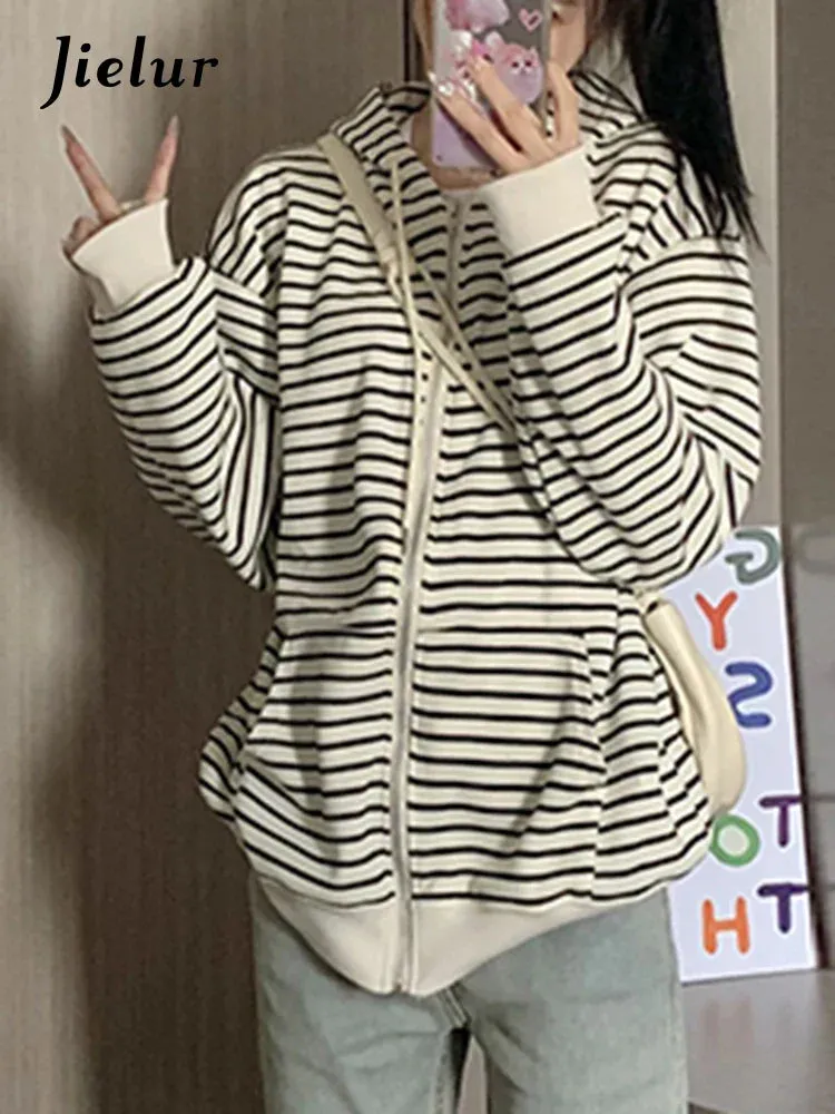 Metaversmall American Striped Spell Color Female Sweatshirts Chic Loose Streetwear Casual Zip-up Fashion O-neck Basic Women's Hoodies