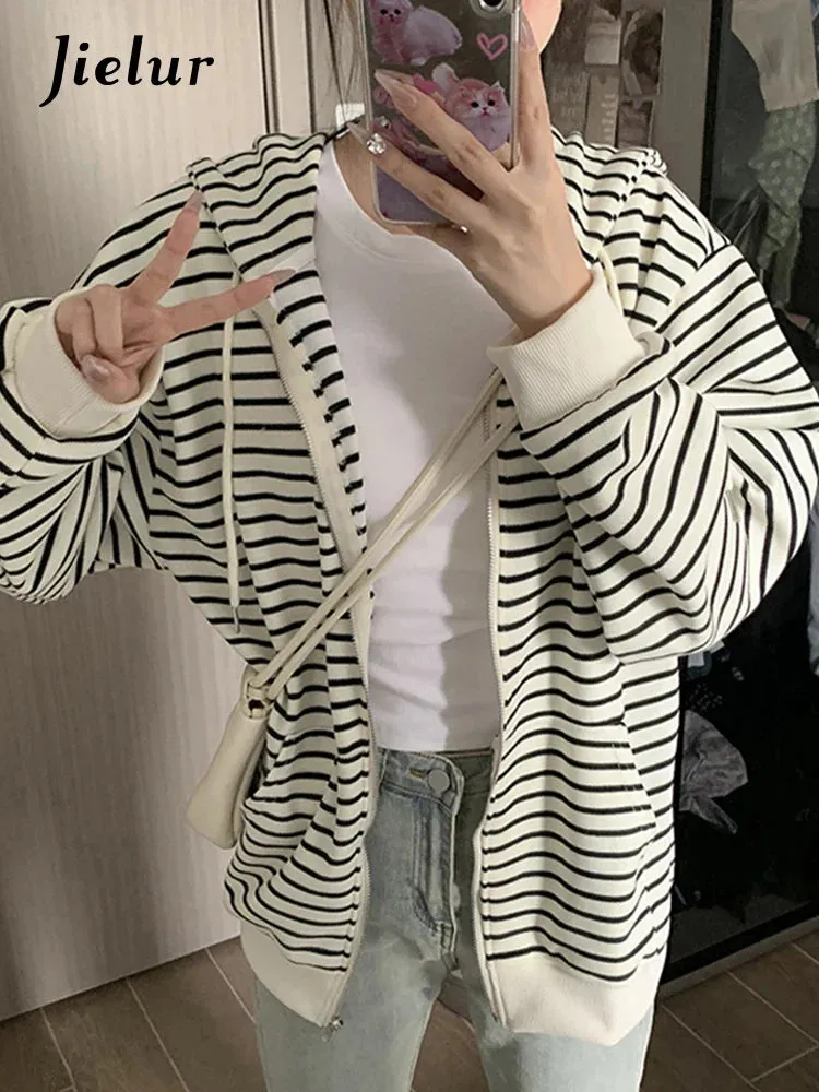 Metaversmall American Striped Spell Color Female Sweatshirts Chic Loose Streetwear Casual Zip-up Fashion O-neck Basic Women's Hoodies