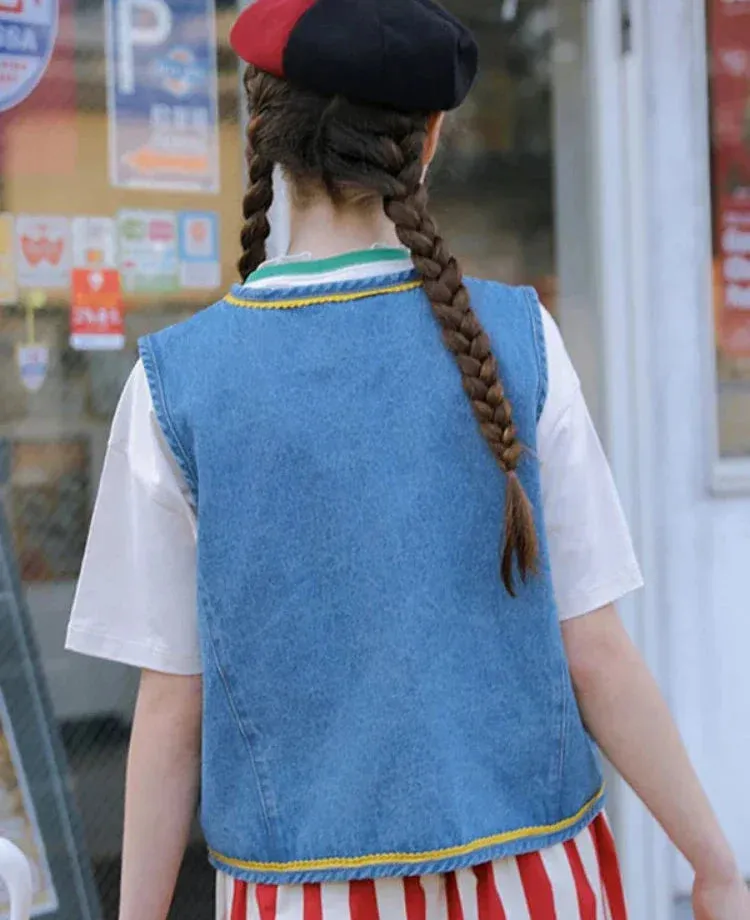 Metaversmall Cartoon Bear Embroidery Women Casual Denim Vests Summer V Neck Sleeveless Single-breasted Korean Ladies Kawaii Cute Top