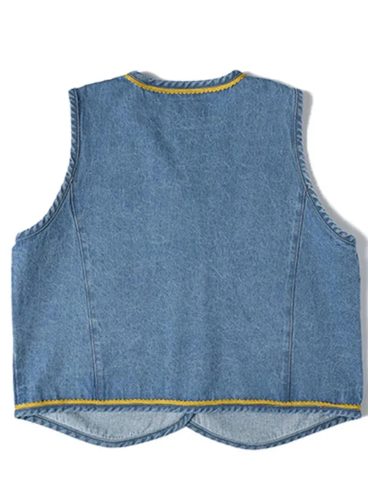 Metaversmall Cartoon Bear Embroidery Women Casual Denim Vests Summer V Neck Sleeveless Single-breasted Korean Ladies Kawaii Cute Top