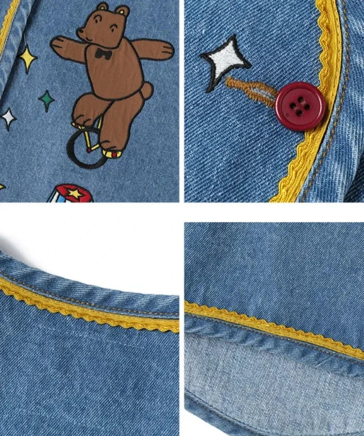 Metaversmall Cartoon Bear Embroidery Women Casual Denim Vests Summer V Neck Sleeveless Single-breasted Korean Ladies Kawaii Cute Top