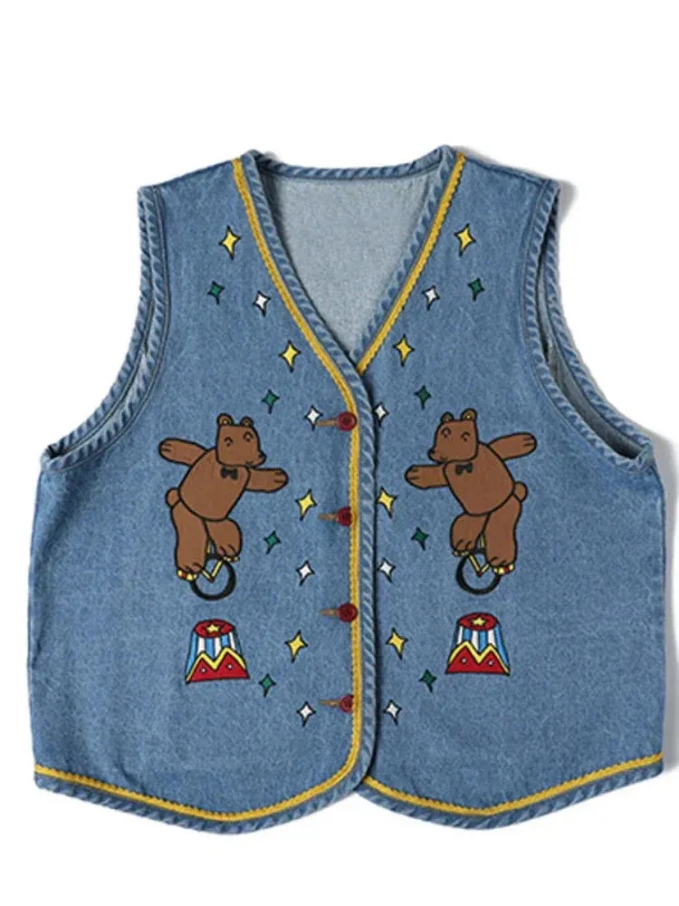 Metaversmall Cartoon Bear Embroidery Women Casual Denim Vests Summer V Neck Sleeveless Single-breasted Korean Ladies Kawaii Cute Top