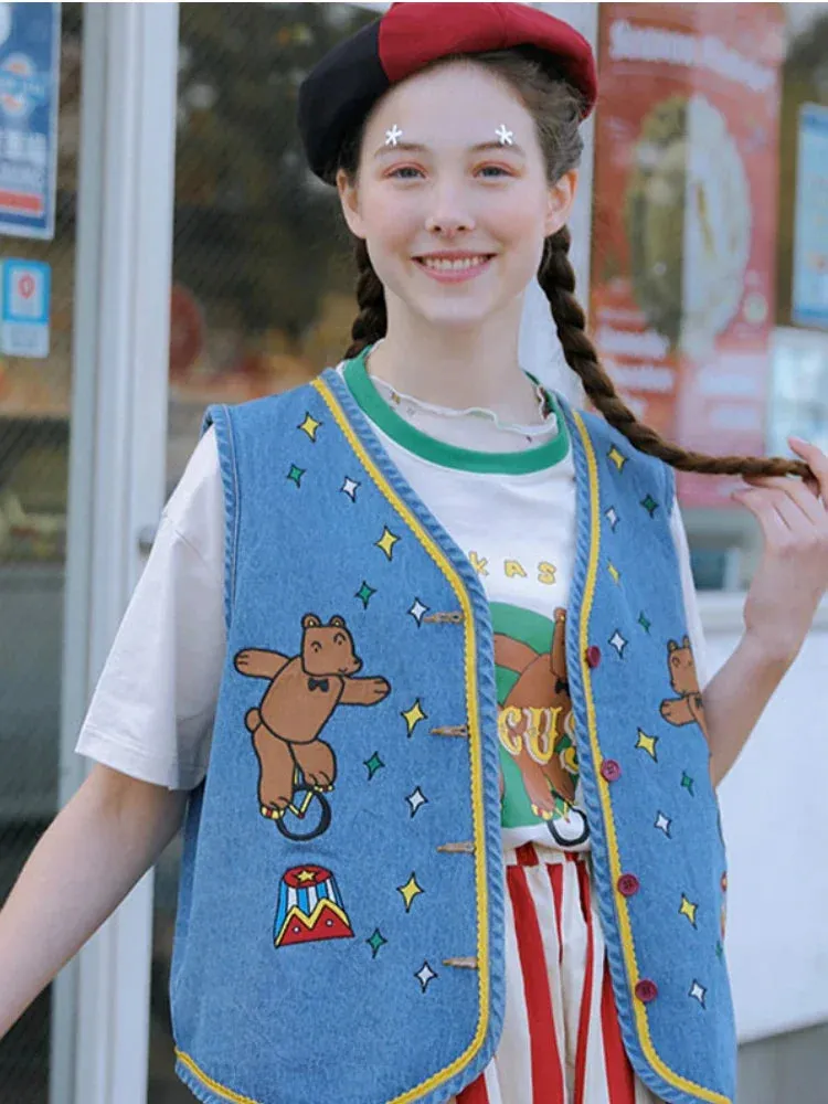 Metaversmall Cartoon Bear Embroidery Women Casual Denim Vests Summer V Neck Sleeveless Single-breasted Korean Ladies Kawaii Cute Top