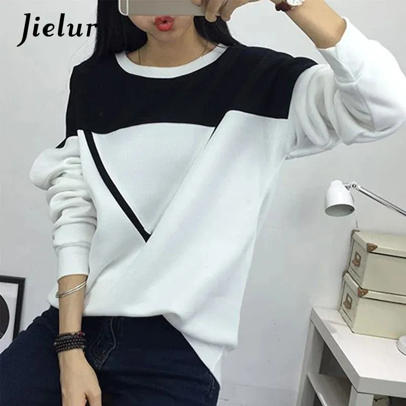 Metaversmall Cool Street Fashion Spell Color Black White Patchwork Women's Sweatshirt V-pattern Fleece Hoodies Female Loose M-XXL