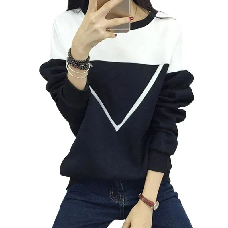 Metaversmall Cool Street Fashion Spell Color Black White Patchwork Women's Sweatshirt V-pattern Fleece Hoodies Female Loose M-XXL