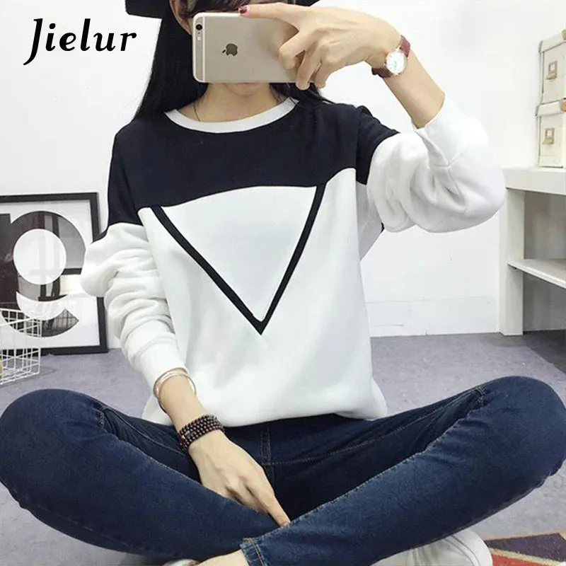 Metaversmall Cool Street Fashion Spell Color Black White Patchwork Women's Sweatshirt V-pattern Fleece Hoodies Female Loose M-XXL
