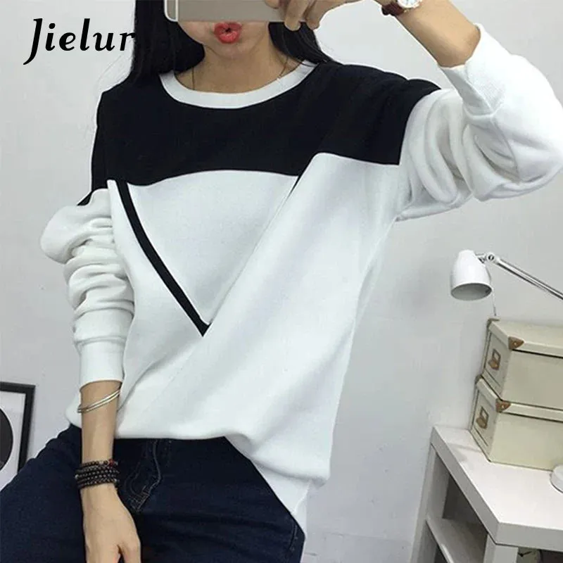 Metaversmall Cool Street Fashion Spell Color Black White Patchwork Women's Sweatshirt V-pattern Fleece Hoodies Female Loose M-XXL