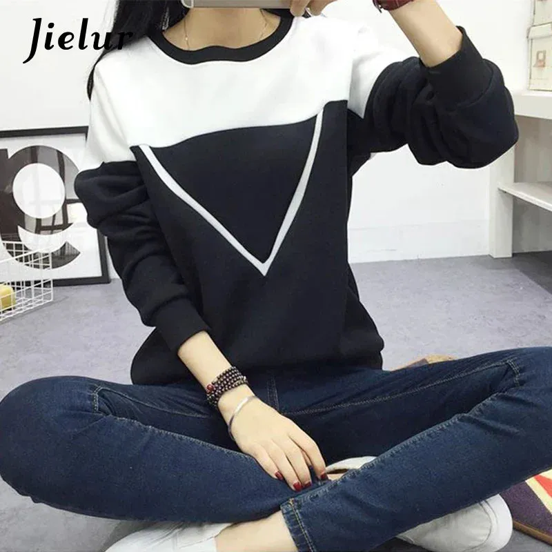 Metaversmall Cool Street Fashion Spell Color Black White Patchwork Women's Sweatshirt V-pattern Fleece Hoodies Female Loose M-XXL