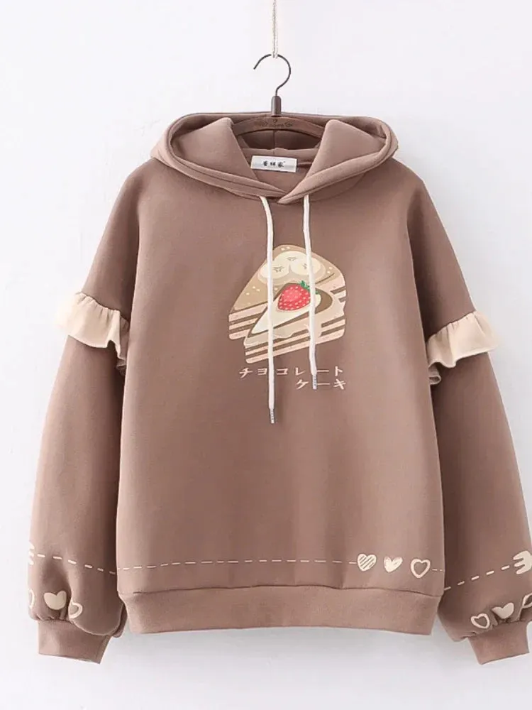 Metaversmall Harajuku Kawaii Hoodies Anime Cotton Fleece Sweatshirt Cat Printed Hooded Sweet Top Women Winter Thick Warm Y2k Girls Cute Coat