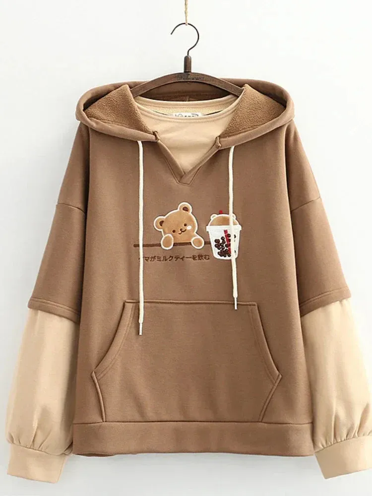 Metaversmall Harajuku Kawaii Hoodies Anime Cotton Fleece Sweatshirt Cat Printed Hooded Sweet Top Women Winter Thick Warm Y2k Girls Cute Coat