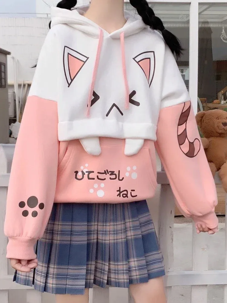 Metaversmall Harajuku Kawaii Hoodies Anime Cotton Fleece Sweatshirt Cat Printed Hooded Sweet Top Women Winter Thick Warm Y2k Girls Cute Coat