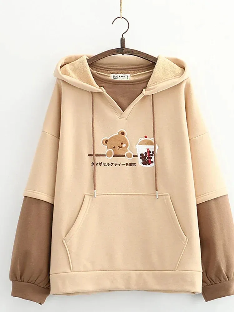 Metaversmall Harajuku Kawaii Hoodies Anime Cotton Fleece Sweatshirt Cat Printed Hooded Sweet Top Women Winter Thick Warm Y2k Girls Cute Coat