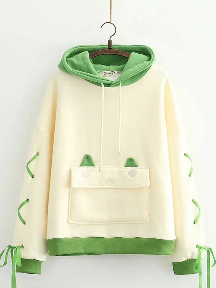 Metaversmall Harajuku Kawaii Hoodies Anime Cotton Fleece Sweatshirt Cat Printed Hooded Sweet Top Women Winter Thick Warm Y2k Girls Cute Coat