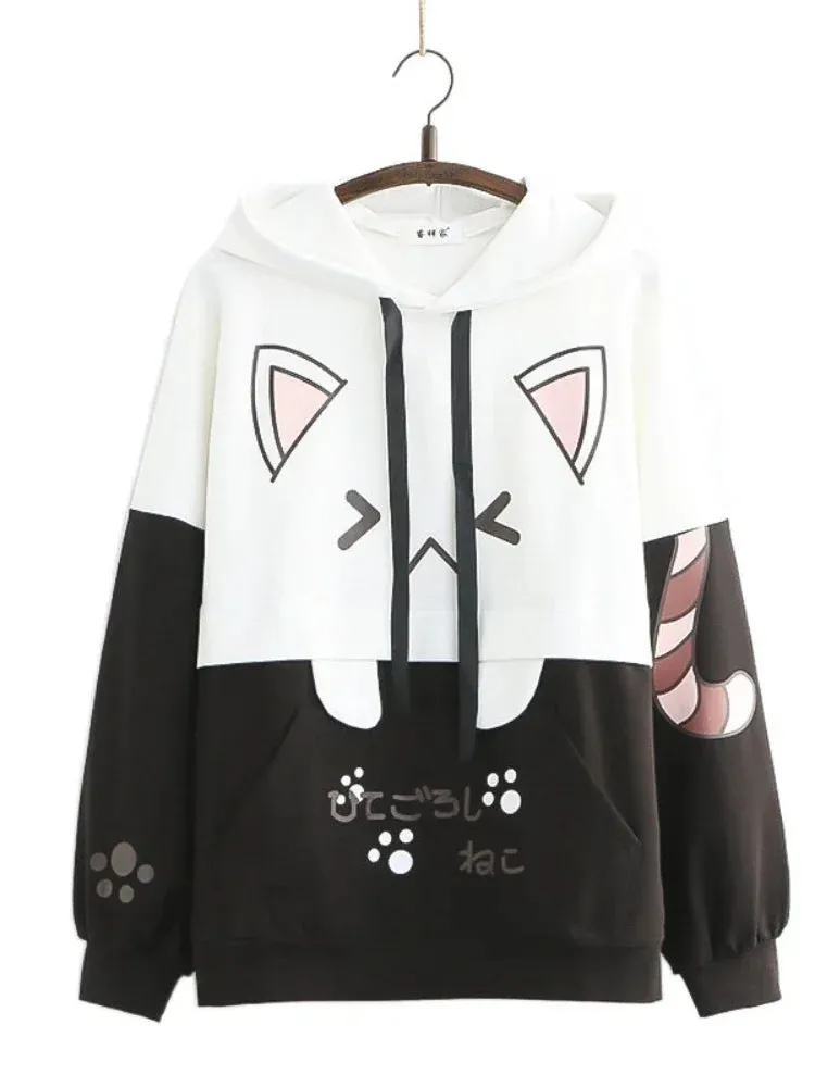 Metaversmall Harajuku Kawaii Hoodies Anime Cotton Fleece Sweatshirt Cat Printed Hooded Sweet Top Women Winter Thick Warm Y2k Girls Cute Coat