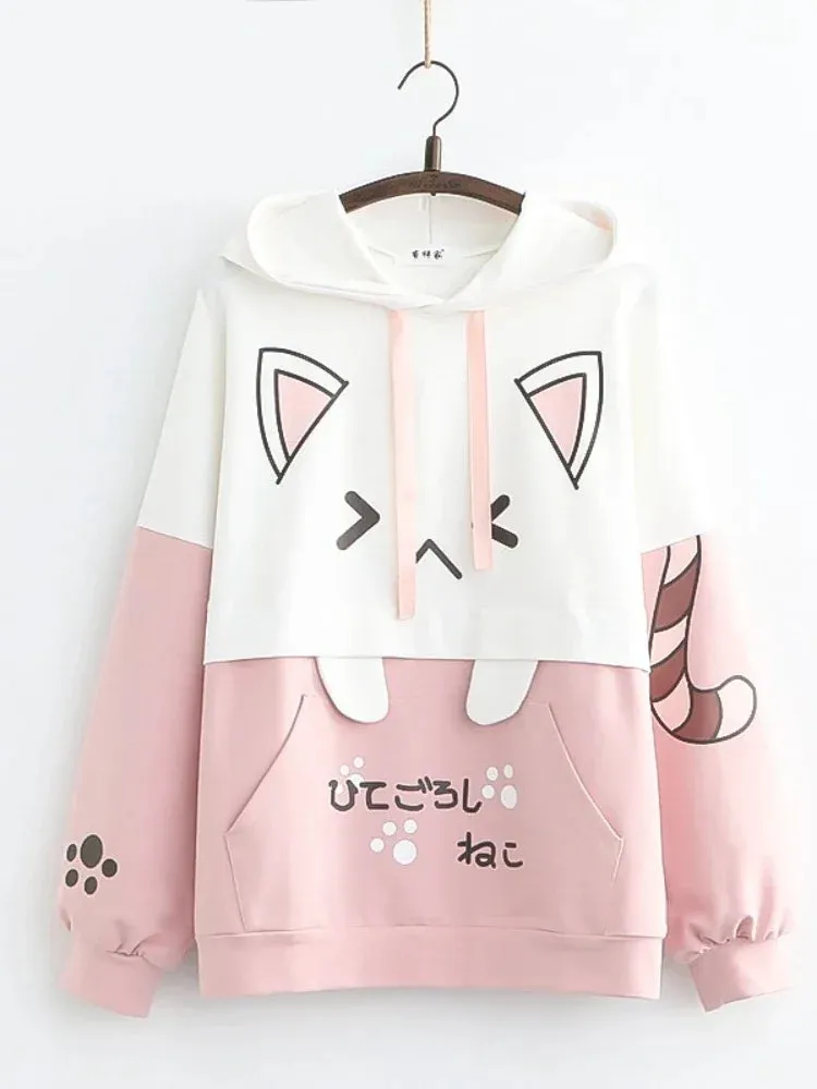 Metaversmall Harajuku Kawaii Hoodies Anime Cotton Fleece Sweatshirt Cat Printed Hooded Sweet Top Women Winter Thick Warm Y2k Girls Cute Coat