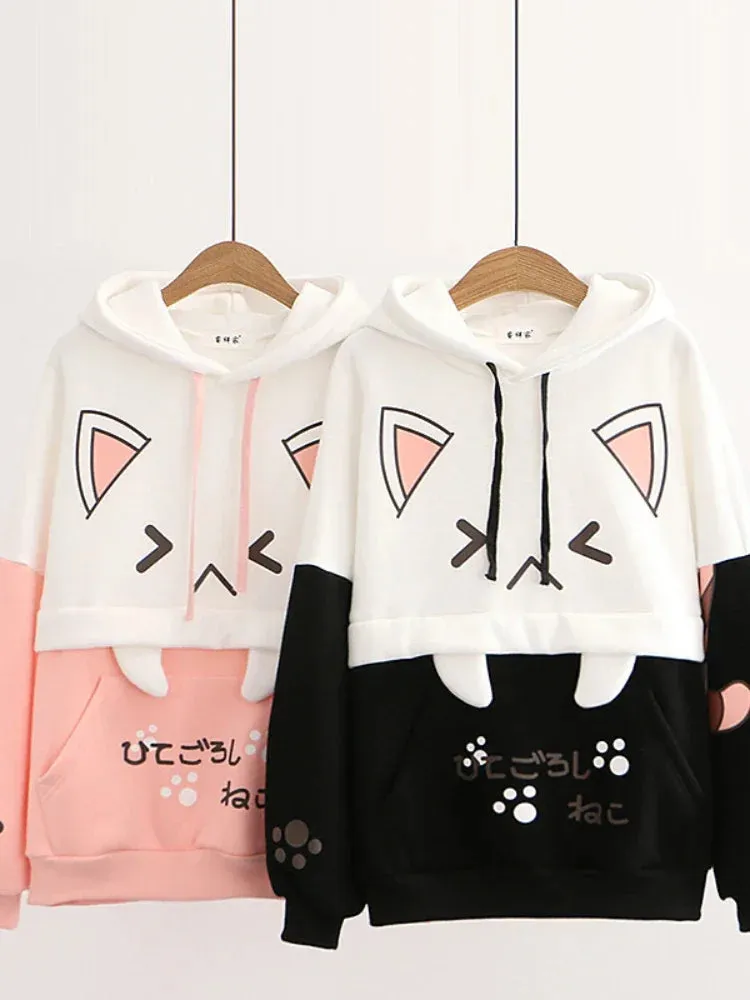 Metaversmall Harajuku Kawaii Hoodies Anime Cotton Fleece Sweatshirt Cat Printed Hooded Sweet Top Women Winter Thick Warm Y2k Girls Cute Coat