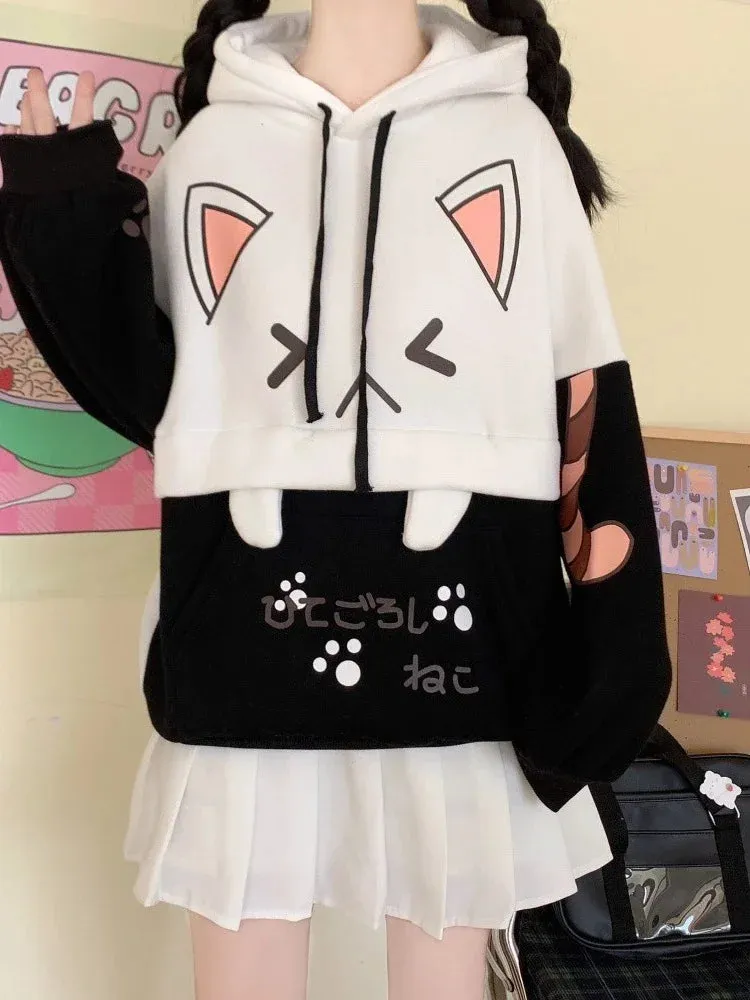 Metaversmall Harajuku Kawaii Hoodies Anime Cotton Fleece Sweatshirt Cat Printed Hooded Sweet Top Women Winter Thick Warm Y2k Girls Cute Coat