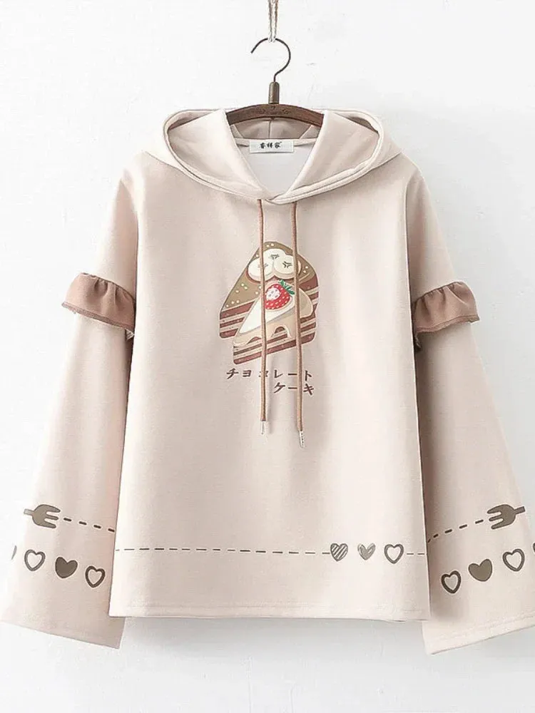 Metaversmall Harajuku Kawaii Hoodies Anime Cotton Fleece Sweatshirt Cat Printed Hooded Sweet Top Women Winter Thick Warm Y2k Girls Cute Coat