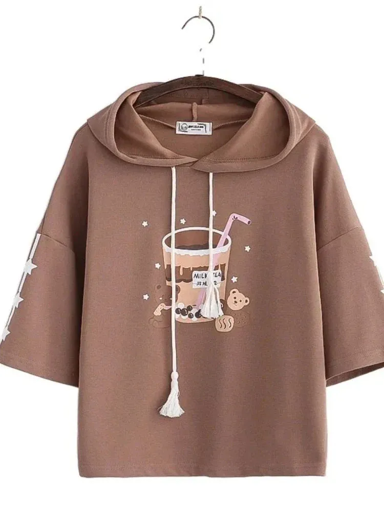 Metaversmall Harakuju Print Kawaii Hoodies Women Summer Half Sleeve Cotton Hooded Sweatshirts Sweet Style Korean Fashion Drawstring Tops