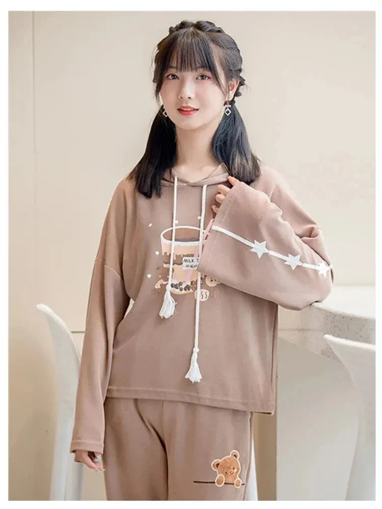 Metaversmall Harakuju Print Kawaii Hoodies Women Summer Half Sleeve Cotton Hooded Sweatshirts Sweet Style Korean Fashion Drawstring Tops