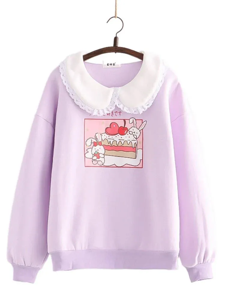 Metaversmall Japan Style Kawaii Rabbit Print Harajuku Women Sweatshirt Winter Long Sleeve Peter Pan Collar Sweet Female Cute Pullover Top