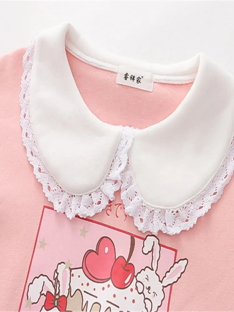 Metaversmall Japan Style Kawaii Rabbit Print Harajuku Women Sweatshirt Winter Long Sleeve Peter Pan Collar Sweet Female Cute Pullover Top