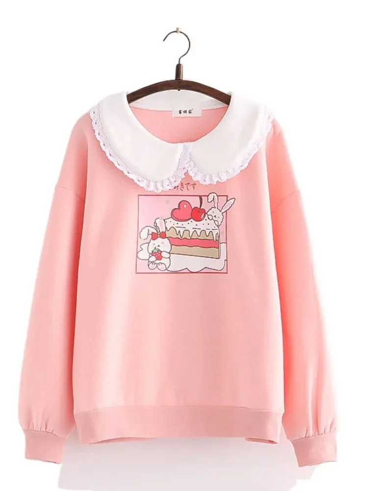 Metaversmall Japan Style Kawaii Rabbit Print Harajuku Women Sweatshirt Winter Long Sleeve Peter Pan Collar Sweet Female Cute Pullover Top