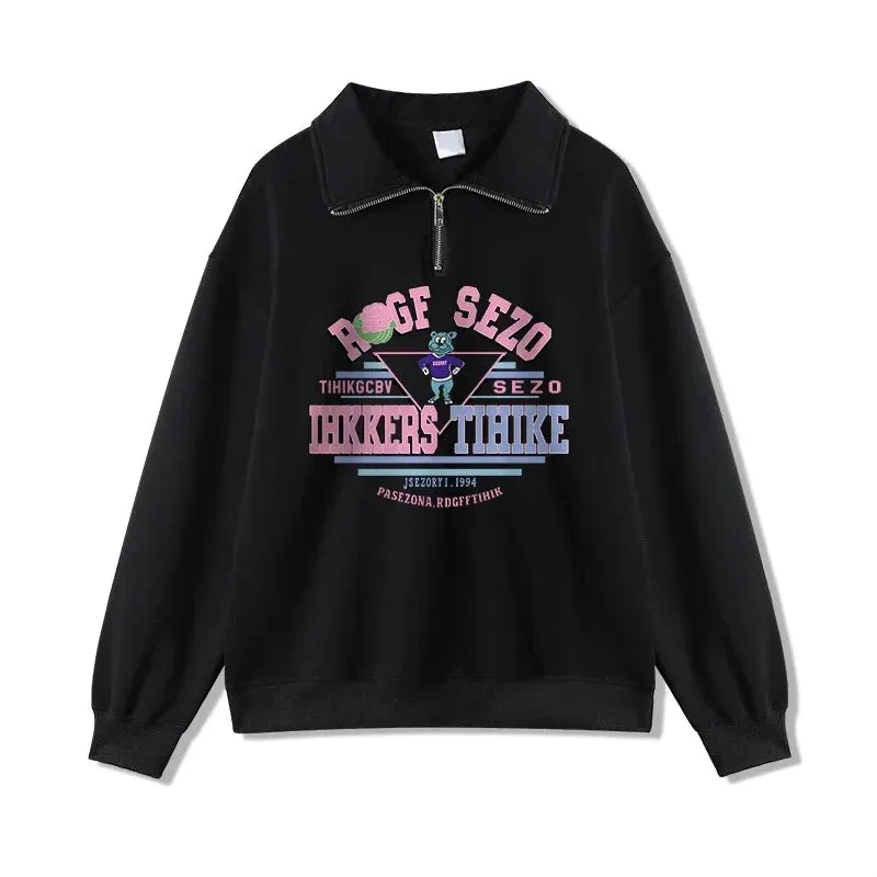 Metaversmall Pure Color Sweet Letter Printing Female Hoodies Basic Zipper Polo Neck Pullover Fashion Simple Loose Casual Women Hoodies